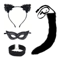 Black lace cat ears headband mask choker and plush tail four-piece cosplay accessory set - Black Set Style 2 (4 Pcs) / Black