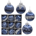 Set di palline di Natale blu scuro in seta con strisce glitterate argento per decoro - 8cm (Set da 9) / Blu