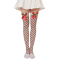 Detail of Christmas over-knee socks featuring red and green stripes with a bow decoration - Tri-color Diagonal Striped Socks with Bows