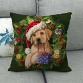 Housse de coussin verte avec chiot Golden Retriever, boîte cadeau et couronne de Noël - Fond Vert Golden Retriever Cadeau