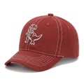 Detail of a dark red kids' baseball cap with silver dinosaur embroidery and white stitching - 52-54cm / Burgundy