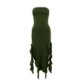 Detail of ruched dark green tube dress featuring irregular ruffled hem and bodycon fit - Green