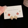 Three-piece gold-toned earring set with floral enamel and zircons on S925 silver studs - Gold-Rhinestone Four-Leaf Flower Set (65#)