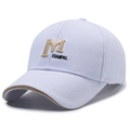 Light purple baseball cap with gold M embroidery and curved brim for outdoor sun protection - White