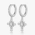 Elegant S925 sterling silver cross earrings featuring micro-pave cubic zirconia on white background - 925 Silver / White Gold