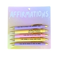 Five-piece pastel ballpoint pen set with gold trim and motivational affirmations on card - Affirmations