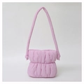 Close-up of pink puffy nylon shoulder bag showing pleated texture and soft quilted material - Pink