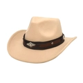 Classic beige western cowboy hat with brown leather belt and bohemian metal ornaments - M (56-58cm) / Beige