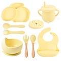 9-piece yellow silicone baby feeding set with divided plate, bib, and suction bowls - Full Tableware Set (Yellow/Y11)