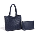 Deep blue woven leather tote bag with matching zippered pouch and braided handles - Dark Blue