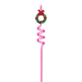 Pink spiral Christmas straw with a festive green wreath decoration on white background - Garlands / Pink