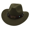 Vintage olive green woolen felt cowboy hat with star buckle and blue turquoise studs. - Army Green
