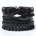Detail of multi-layer black braided leather bracelet with infinity symbol and matte beads - L1-Black Infinity Symbol Beaded Set