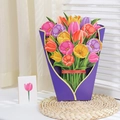 3D pop-up Mother's Day card with colorful tulips in purple bouquet paper wrap - Tulip