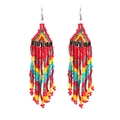 Detailed view of colorful seed bead tassels on bohemian long dangle earrings - Red Multicolor