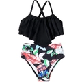 Zweiteiliger Mädchen Badeanzug mit schwarzem Rüschen-Top und High-Waist Tropen-Print Hose - 152 / Schwarzes Top + Blaues Blatt-Unterteil