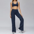 Navy blue two-piece yoga set with racerback sports bra and high-waisted flare leggings - Badge Blue (Bra+Wide Leg Pants)
