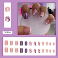 French style purple glitter square press-on nails set with elegant white line designs - W396 Purple Ribbon (Glue Type)