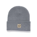Classic dark grey knitted beanie for kids featuring a cute smiley face patch and cuff - Light Gray