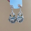 Detailed close-up of bohemian silver flower earrings with dark beaded fringe tassels - 16# Silver Pin - Silver Gun Black