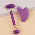 Detailed view of purple resin facial roller and heart-shaped gua sha tool set - Resin Roller Haze Purple