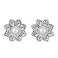 Französische Luxus-Blumenohrstecker mit glitzernden Kristallen und weißen Perlen - Silber X818