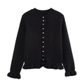 Détail du cardigan noir en maille avec boutons en perles et bordures à volants - Noir