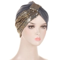 Detail of grey turban with gold sequins and pleated fabric texture for women - Dark Gray