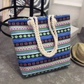 Ethnic style canvas beach tote bag with colorful stripes and sturdy thick hemp rope handles - Blue Floral