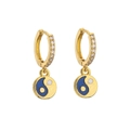 Detail of gold huggie earrings with zircon pavé and blue white yin yang enamel charms - Blue White Tai Chi