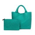 Emerald green hand-woven tote bag set with matching zipper pouch and intrecciato pattern - Malachite green
