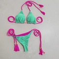 Detail of mint green bikini top with bright pink braided straps and gold metal rings - Lake Green+Rose Red