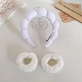 Purple cloud-shaped sponge headband and white plush wristband set for skincare - White