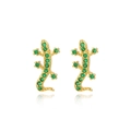Detailed view of gold plated gecko stud earrings inlaid with vibrant green cubic zirconia - Green Gecko Style (Style 5)