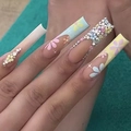 Extra long square press-on nails with colorful rhinestones and 3D flower designs - SGCY-299 (Hand) Jelly Glue Style