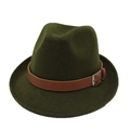 Detail of dark green wool fedora featuring a brown leather band and silver metal buckle - M (56-58cm) / Army Green