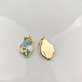 Detail view of gold enamel rose flower pendant with blue inlay and crystals - #10 Gold Blue Base Rhinestone Butterfly Floral