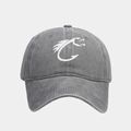 Close-up of grey washed canvas baseball cap featuring white embroidered fish logo detail - Adjustable / Gray