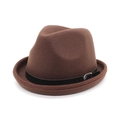 Classic dark brown wool felt fedora hat with a black leather band and silver metal buckle - M(56-59CM) / Coffee