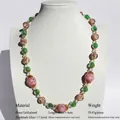 Handmade pink and green glass beaded necklace in brass with 48cm gold plated chain - Handmade Lampwork Mid-length Necklace / Green Gold Pink Multi-color
