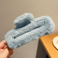 Large light blue plush square hair claw clip for women featuring soft faux fur texture - Plush Long Rectangular Style / Blue Gray