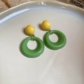 Retro resin drop earrings featuring a yellow stud and green hoop on a white ceramic plate - 9# Silver Pin - Green Round (HE21599)