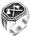 Detailed close-up of a vintage stainless steel signet ring with crossed axes design - 24305