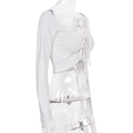 Detail view of white long-sleeve crop top with adjustable front drawstring and ruched texture - S / White