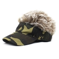 Detailed side view of camouflage baseball cap featuring curly blonde wig hair on top - Camo and Coffee
