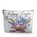 Detailed view of the linen Easter makeup bag featuring a colorful watercolor bunny design - Happy Easter Watercolor