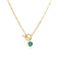 Detail of 18K gold OT buckle necklace with green heart pendant and crystal accents - Gold Green Zirconia