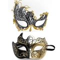 Elegant set of black filigree metal wing mask and gold-black patterned masquerade mask - One-eyed Bull Horn - Glitter Gold Set