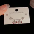 Three-piece S925 silver needle earring set featuring red crown, heart, and cross studs - Silver-Full Rhinestone Crown Snowflake Set (35#)