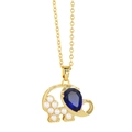 Detailed macro view of elephant pendant with a blue teardrop gemstone and small pearls - Blue